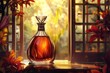 An exquisite bottle of perfume sitting gracefully on top of a wooden table, A fancy depiction of a maturing James Hennessy cognac bottle, AI Generated