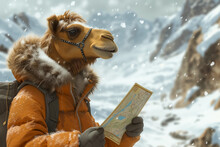 A Camel In A Winter Jacket With Fur Looks At The Travel Map And Cannot Figure Out Where It Is. There Is Snow All Around, A Glacier Is Visible From Behind, Fine Snow Is Falling