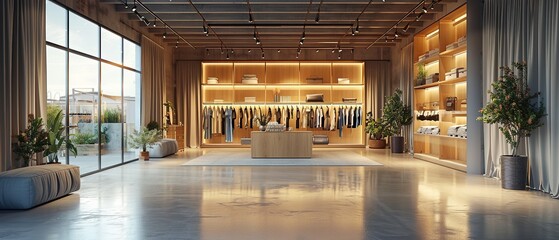 Wall Mural - Luxurious clothing store with lots of space. Interior of expensive clothing store with copy space.