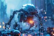 A robot stands amidst the hustle and bustle of city life, drawing attention and curiosity from passersby, A fantasy scene of nanobots repairing broken hardware, AI Generated