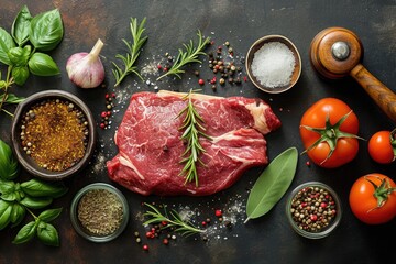 Raw Meat and Spices on a Table, Ingredients for a Flavorful Meal, A flat lay view of uncooked steak surrounded by seasonings, herbs, and spices, AI Generated