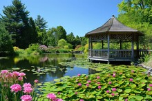 Gazebo In Lush Green Field, Serene Haven For Relaxation And Gathering, A Flower-filled Gazebo Overlooking A Calm Pond Filled With Lily Pads, AI Generated