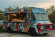This photo captures a colorful food truck parked amidst a bustling parking lot, ready to serve mouthwatering food, A food truck decorated with comic book art selling street food, AI Generated