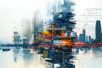 Canvas Print - A stunning painting showcasing a bustling city with a multitude of towering skyscrapers, A futuristic city under construction juxtaposed over blueprints, AI Generated