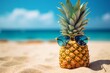 Pineapple in sunglasses on a sandy beach, the concept of a summer vacation, a seaside resort. 