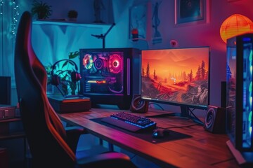 Poster - a fully equipped computer desk featuring a monitor and keyboard, ready to enhance work efficiency, a
