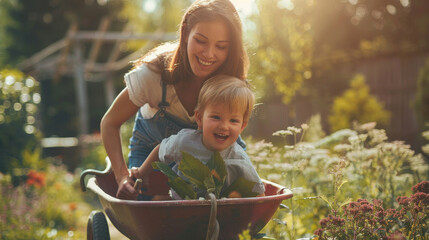 Mother gardening with her young son in their garden , family enjoying sun outside in their backyard