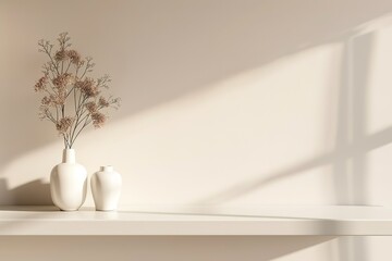 Wall Mural - Minimalist empty shelf display with cream walls, for product display presentation