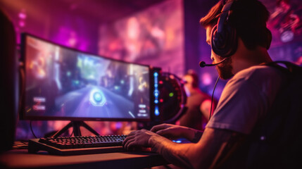 Poster - A young Streamer Gamer, A man with headphones playing video games on a computer under neon lighting. Cyber Sports, Online Championship, Victory, Esports, Hobby concepts.