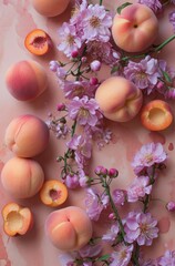  Ripe peaches amidst pink cherry blossoms on a pastel background, an image of spring freshness