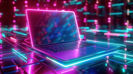 Wall Mural - Illustration of technological progress with a neon colored laptop. Generate AI image