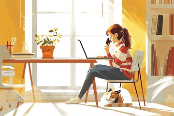Poster - A woman sitting at a table actively using a laptop computer in a home office setting. Generative AI