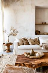 Sticker - Living room with white couch baskets on the floor and vases on end tables.