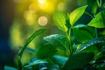 Wall Mural - Green plant with leaf in the sunlight.