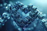 Fototapeta Przestrzenne - A heart made of cubes, formed on a vibrant blue background, A heart made of blockchain blocks representing blockchain in healthcare, AI Generated