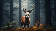 Deer With Antlers Stands In Forest Clearing Surrounded By Leaves And Fog.