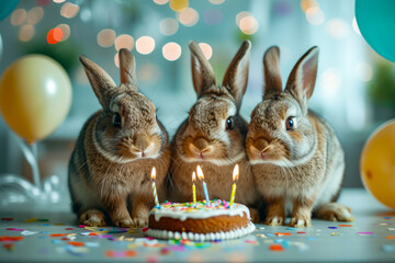Three rabbits are standing in front of birthday cake with lit candles on it.