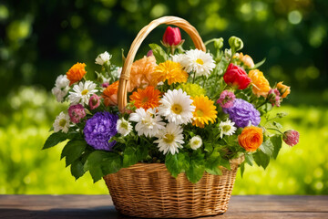 Poster - Basket full of different colored flowers sits on table outside.