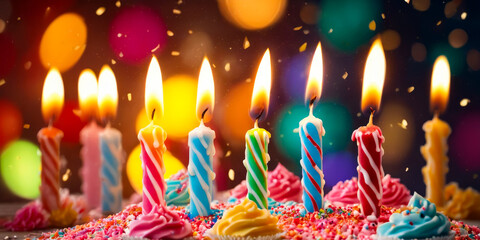 Sticker - Group of five candles on birthday cake with colored frosting and sprinkles.