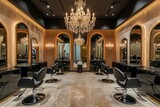Fototapeta Przestrzenne - A large, elegant room featuring a stunning chandelier and an assortment of comfortable chairs, A high-end hair salon with plush interiors and chandeliers, AI Generated