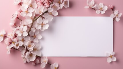 Wall Mural - Rectangular blank white paper board, card for advertising mockup, copy space for text, vibrant, minimalistic editorial aesthetic, flowers high angle
