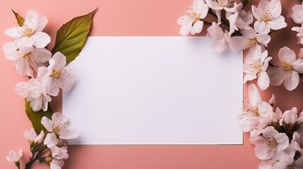 Wall Mural - Rectangular blank white paper board, card for advertising mockup, copy space for text, vibrant, minimalistic editorial aesthetic, flowers high angle