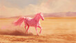 A whimsical pink pony frolicking in the desert sands, its playful antics bringing joy to the desolate landscape.