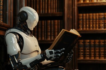 Poster - a robot reads a book in a quiet corner of a library, showcasing the integration of technology in a t