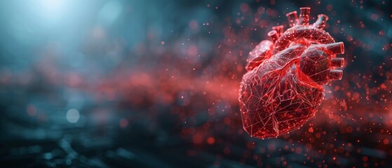 Fototapete - Heart protection by a futuristic guard shield. Abstract red human heart. Health care medical concept. Low poly style Geometric background Wireframe connection structure  illustration.