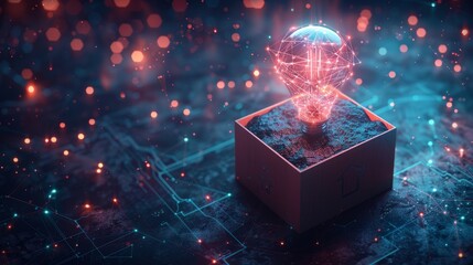 Leinwandbilder - The abstract open box with light bulb. Thinking outside the box design. Simple low poly style. Geometric background. Wireframe light connection structure. Modern 3D graphic concept. Isolated