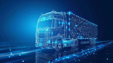 Sticker - Isolated on blue. Abstract  3d heavy lorry van. Highway road. Global freight shipping. Delivery vehicle, digital cargo logistics concept.