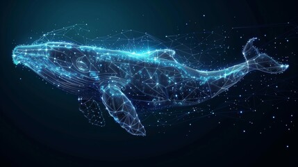 Fototapete - Marine animal digital concept composed of polygons. Low poly  illustration depicting a starry sky or Comos. Blue whale composed of lines, dots and shapes.