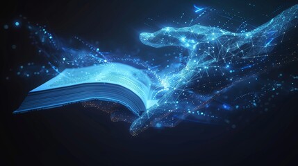 Leinwandbilder - Low poly wireframe online education blue background with open book. Digital  illustration. Online reading or courses.