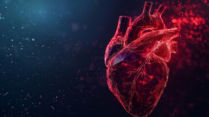 Poster - Red abstract heart. Heart anatomy. Healthcare medical concept. Low poly style design. Geometric background. Wireframe light connection structure. Modern 3D graphic concept.
