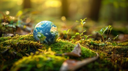 Poster - European and African globes on moss in a forest - concept of the environment