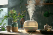 An air humidifier with steam stands on the table, flower around, minimalism, eco style. Concept aromatherapy and relaxing. Air freshener. Health concept of drying and moisture. 