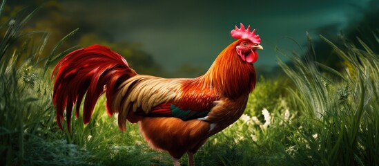 Poster - A bird from the Phasianidae family, known as a chicken, with a red comb is standing in the grass. This Galliformes poultry has a beak and vibrant red crest