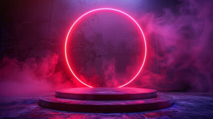 Poster - Modern illustration of an empty podium isolated on a purple background - Exhibition pedestal with a neon circle - Empty display area for your product