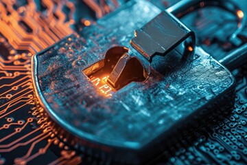 Poster - a padlock is placed on a computer circuit board to prevent unauthorized access, a lock with layers o