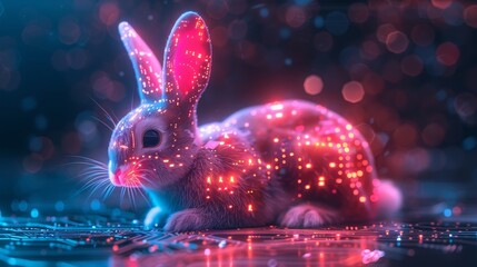 Poster - 3D model of hare ears with a pattern of computer boards. Easter neon bunny with glowing futuristic style.