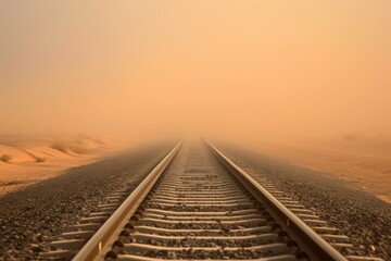 Sticker - A lone train track stretches across an empty desert, symbolizing the harshness and isolation of the desert environment, A long stretch of railroad tracks disappearing into a sandstorm, AI Generated