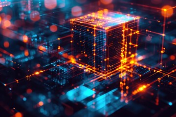 Poster - A captivating photo capturing the essence of a room where a 3D cube stands in prominence, A look inside the structure of a digital block in a blockchain, AI Generated