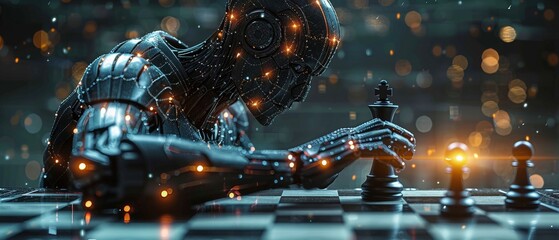 Poster - Wins of AI, chess strategy, digital manager, business competition, innovation challenge, AI assistant, political checkmate, technological success.