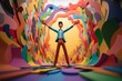 © Michael Böhm - A paperboard cutout of a cartoon style person with arms outstretched, standing in a colorful and vibrant environment