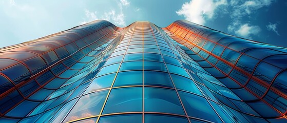 Fototapete - The image shows a high rise curve glass building on a blue clear sky background with dark steel window system. The image shows the angle of a corner building.