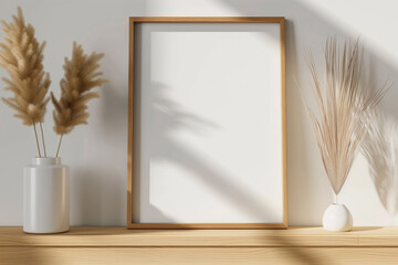 Wall Mural - Minimal wooden picture poster frame mockup on white wallpaper