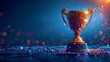 This is a realistic trophy with a polygonal wireframe composition. It represents a gold award. Abstract polygonal shapes isolated on a blue background. A geometric silhouette of pieces connects the
