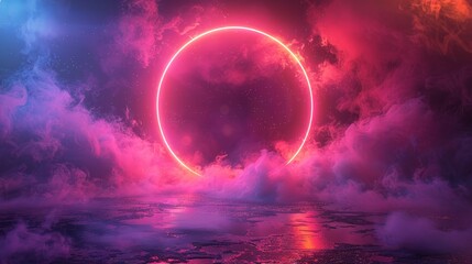 Poster - This is a luminous neon ring on a violet background in fog and star dust modern illustration. A futuristic cyberspace circle in smoke concept for a virtual reality game.