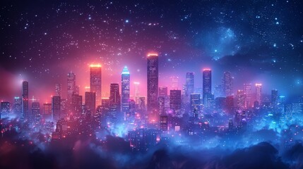 Fototapete - Isolated on blue background, smart city modern illustration with a polygonal skyscraper at night in the clouds.