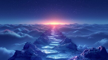 Aufkleber - Success concept with a path to the top of a mountain in digital futuristic style on a blue background. Modern illustration showing the concept of achieving goals step-by-step.